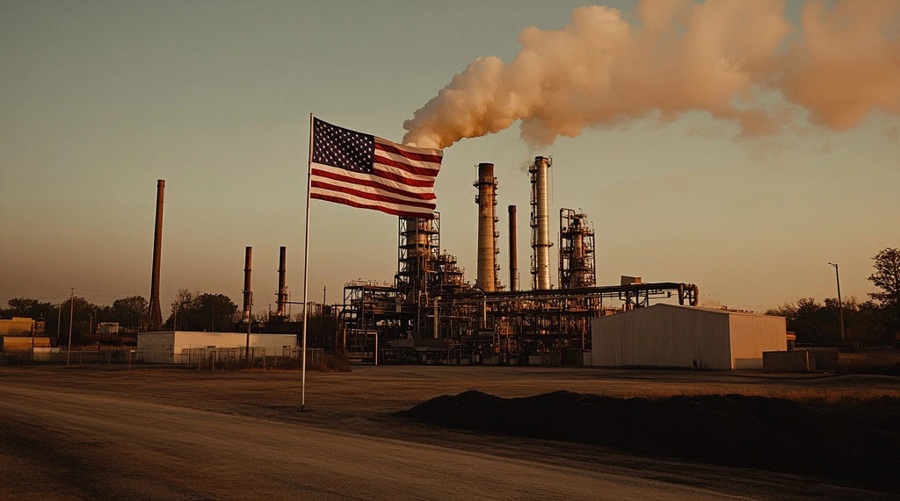 A US factory with an American flag