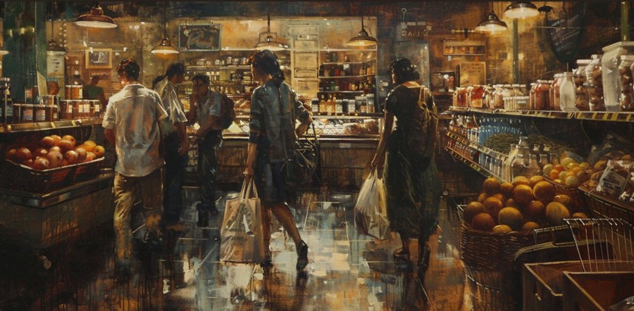 A painting of modern US consumers shopping in the style of Rembrandt