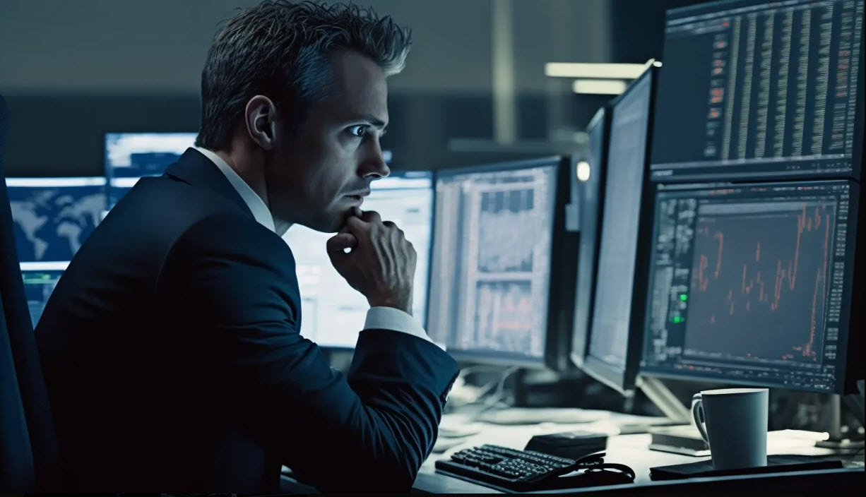 A trader on a trading floor reading the news surprised looking
