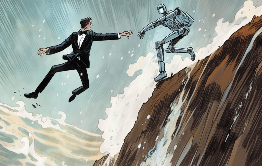 AI pushing a man off a cliff suit