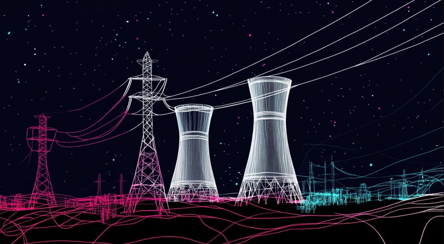 Abstract joyful drawing of a nuclear power plant and power lines