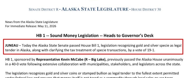 Alaska legal tender gold 13 May 2026