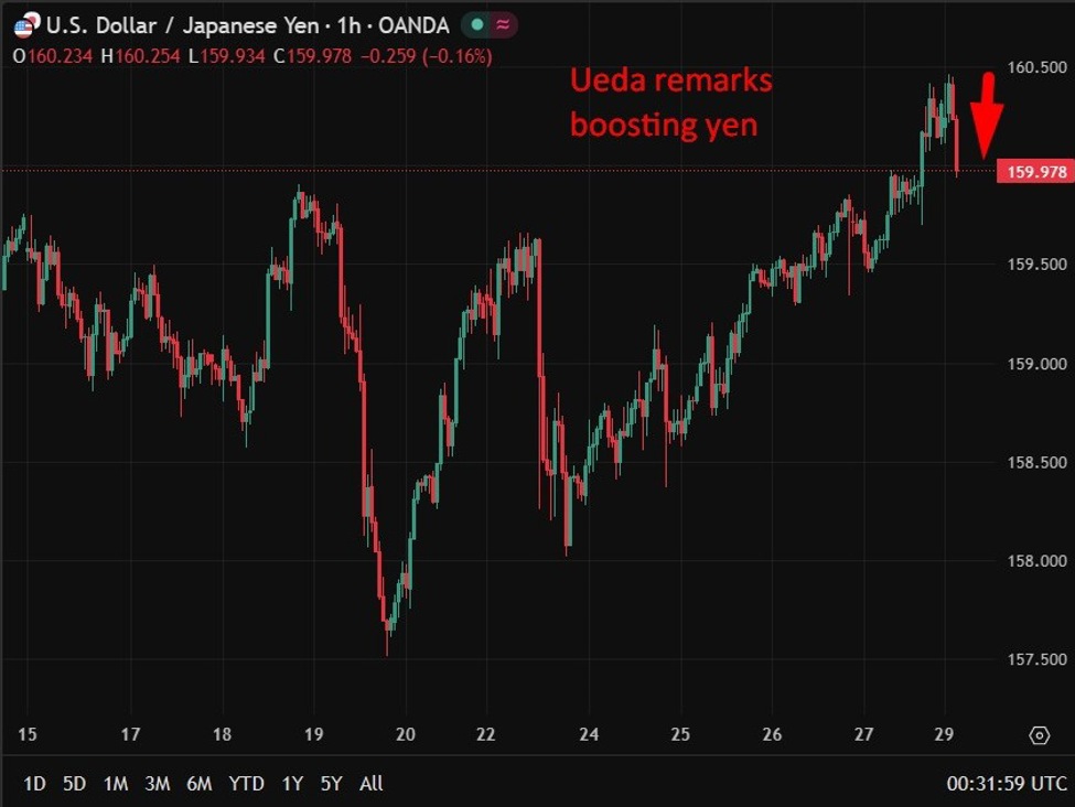 Bank of Japan Governor Ueda says will closely watch FX moves (USD/JPY drops)