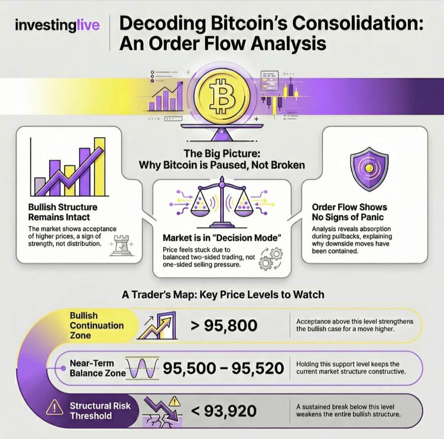 Bitcoin Order Flow Intelligence @ investingLive, 14 Jan 2026