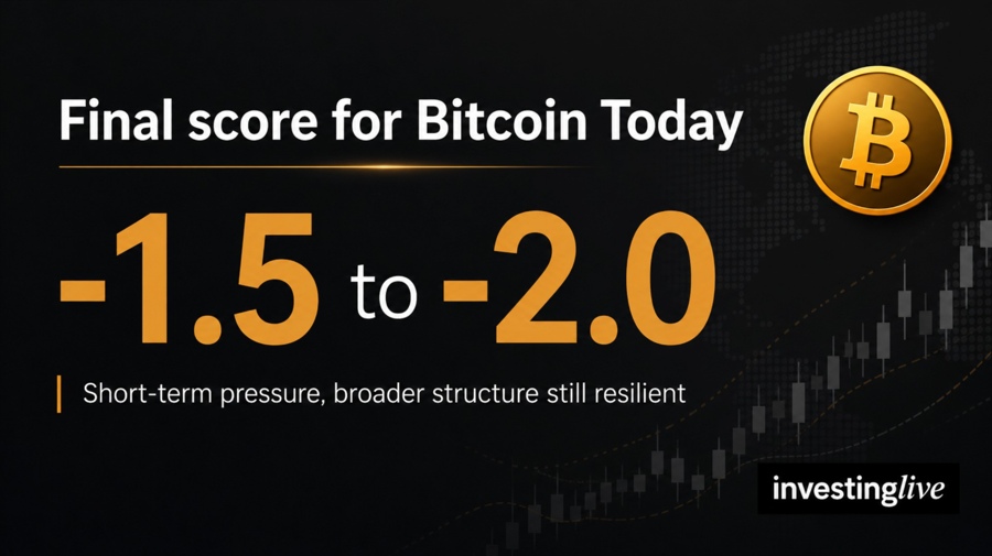 Bitcoin score at investingLive.com today is slightly negative in the short term