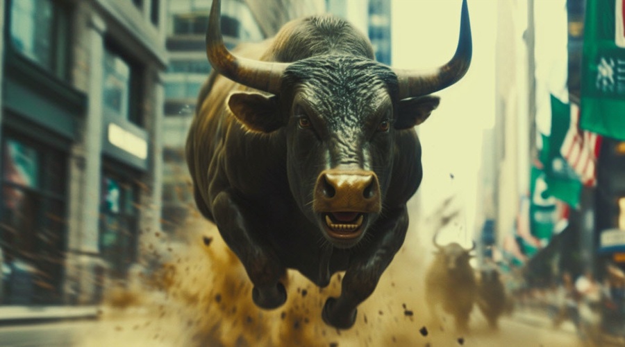 Bull running down the street