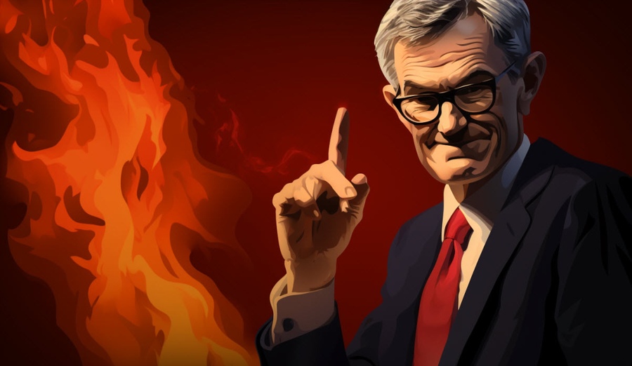 Federal Reserve chairman Jerome Powell cartoon hellscape pointing up