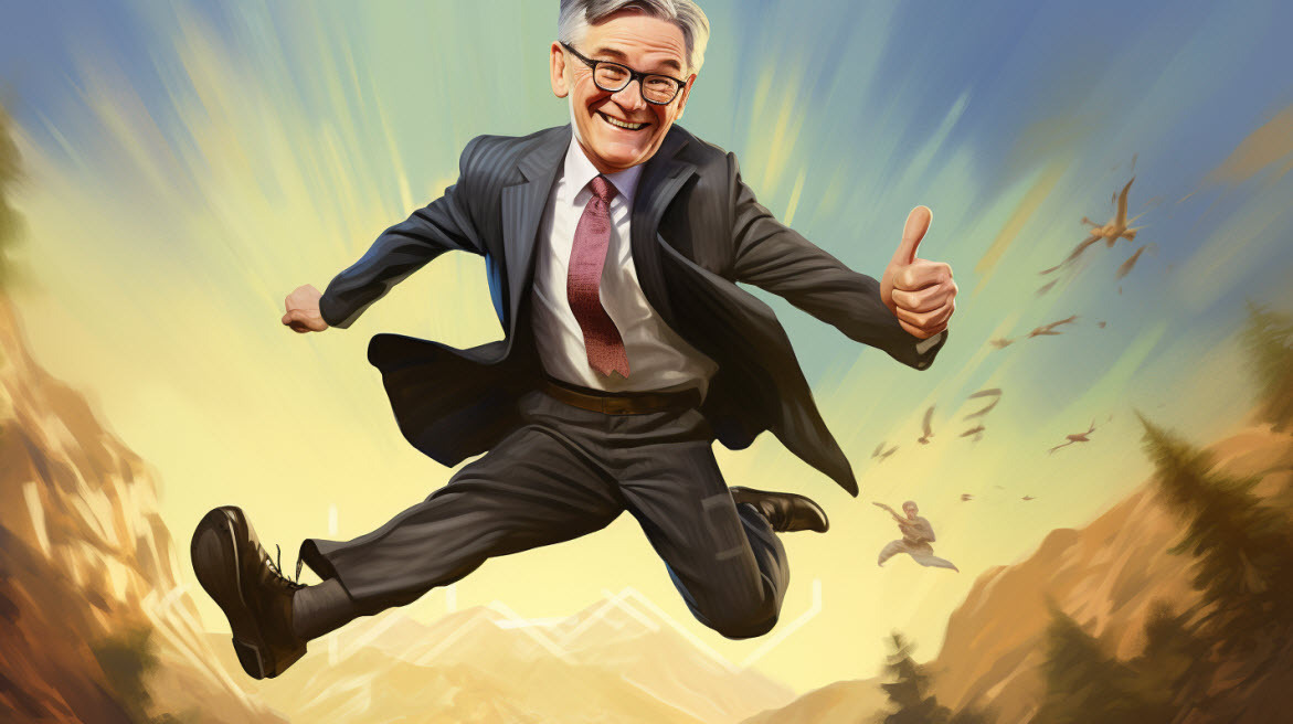 Federal Reserve chairman jerome powell jumping in the air in a joyful expression