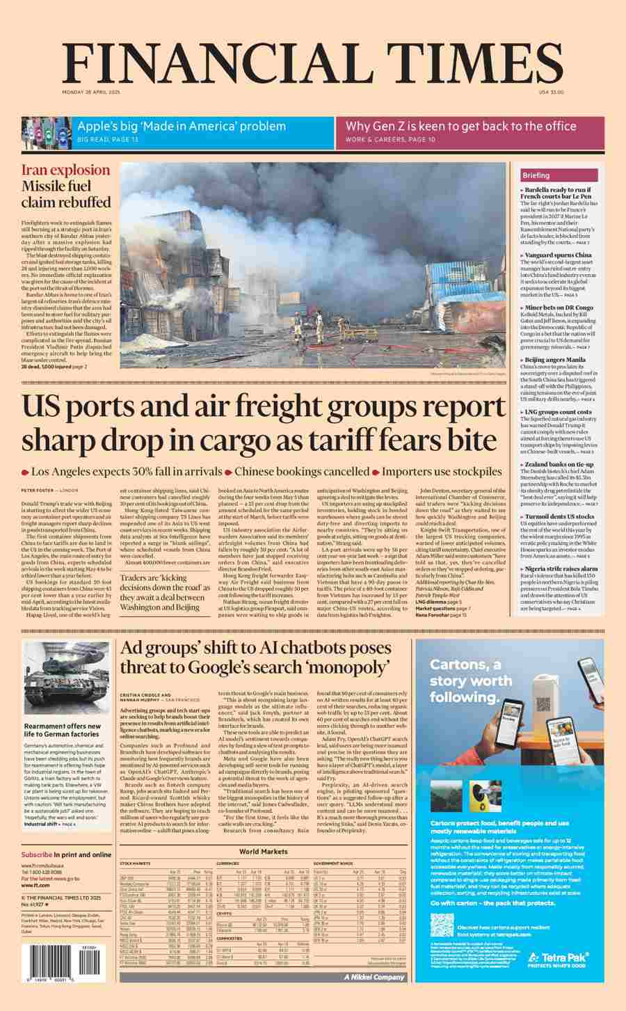 Financial Times trump slump front page 28 April 2025 2