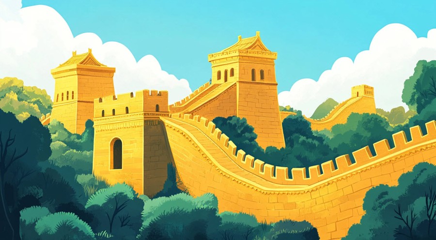 Golden great wall of China cartoon