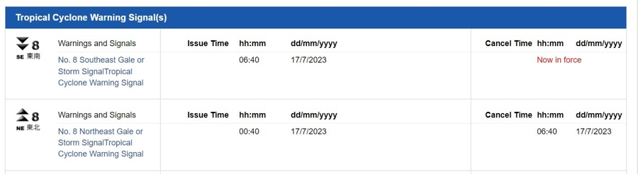 Hong Kong tropical cyclone warning 17 July 2023