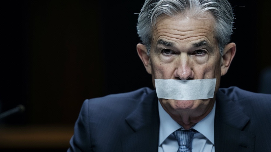 Jerome Powell FOMC blackout tape on mouth