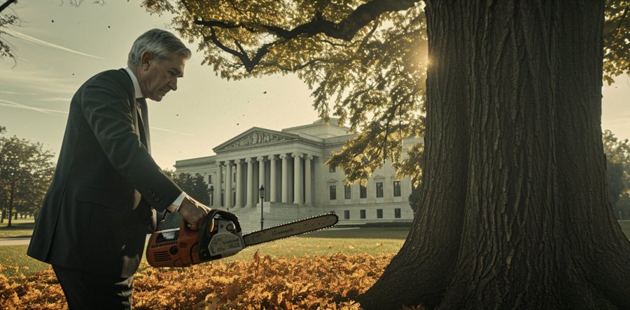 Jerome Powell cutting with a chainsaw in washington