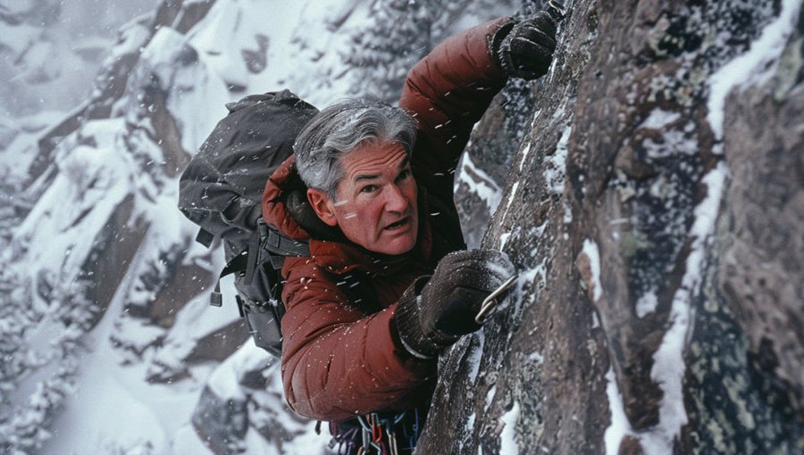Jerome Powell mountain climber, clinging to the side of a mountain, look of terror on face