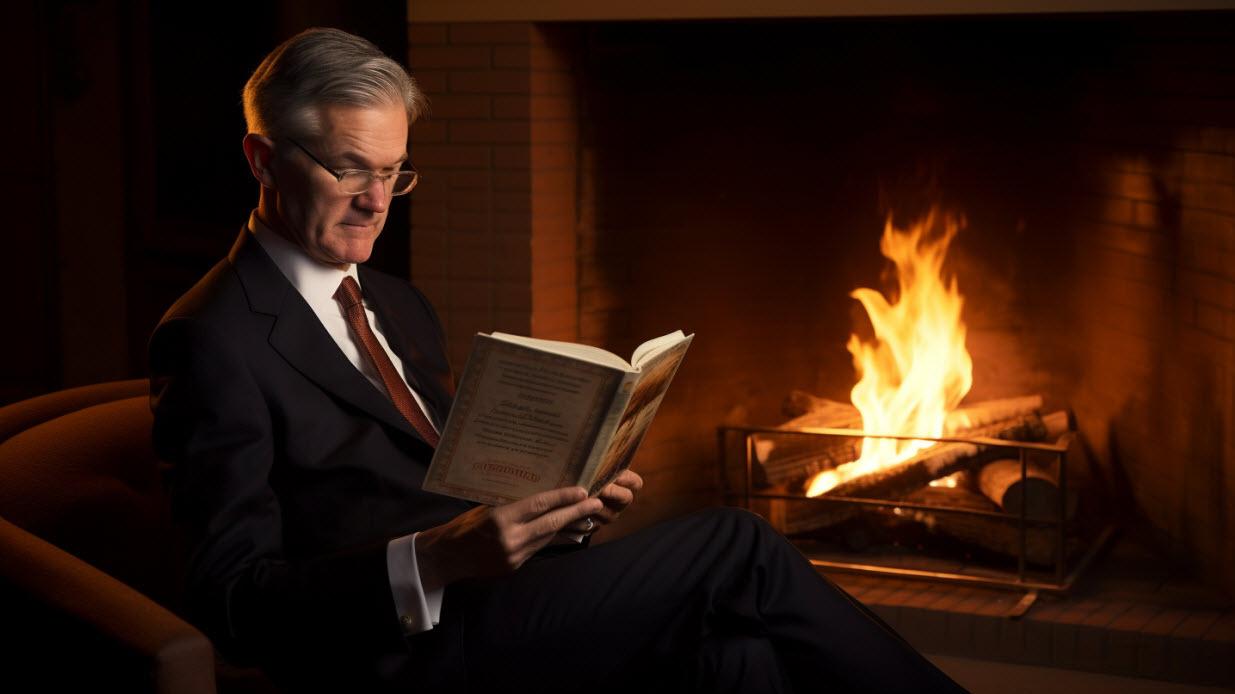 Jerome Powell reading by the fire AI image