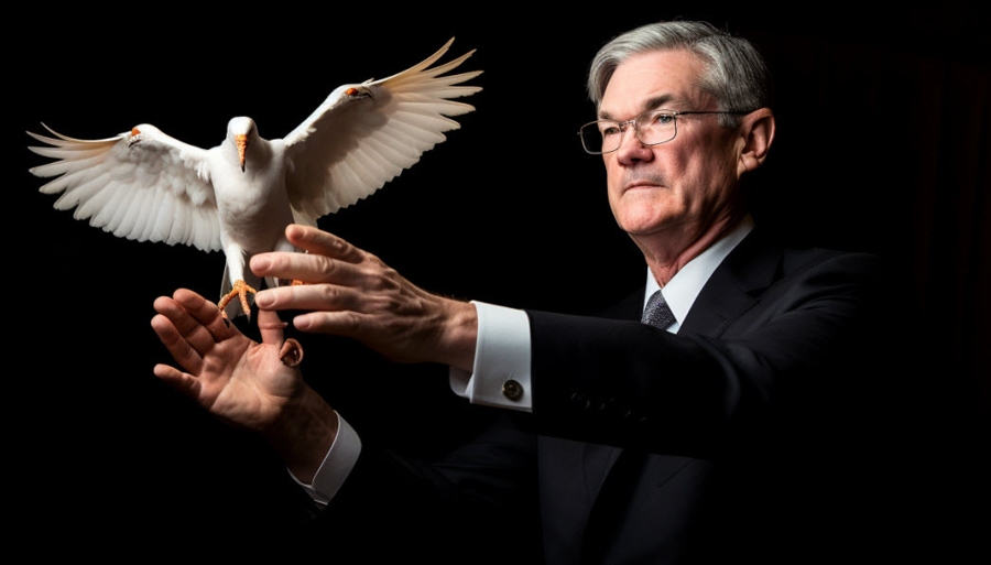 Jerome Powell releasing a white dove