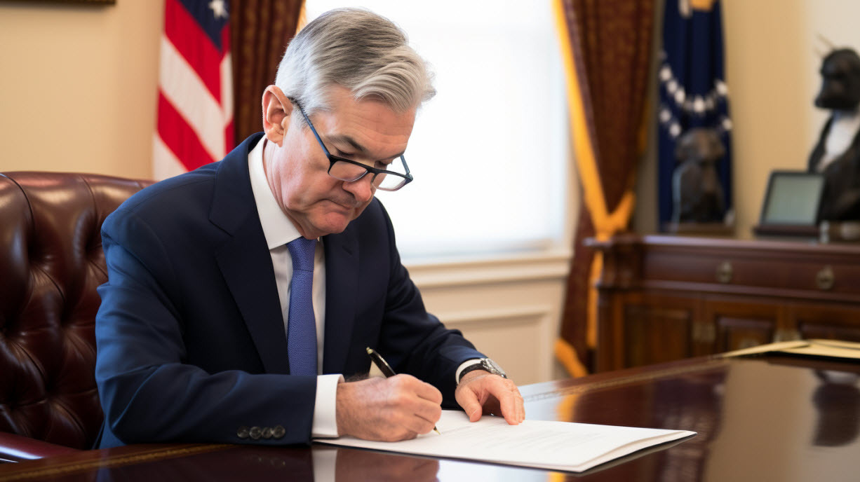 Jerome Powell writing statement AI image
