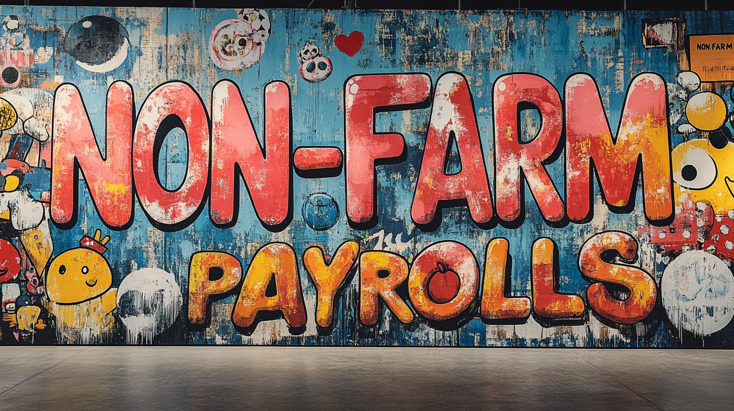 Large text of the word NON-FARM PAYROLLS, overlaid on art in the style of Takashi Murakami