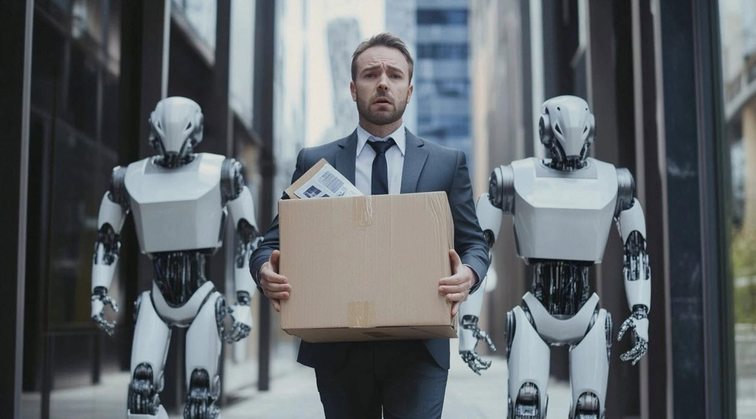 Man being fired by robots carrying his belongings