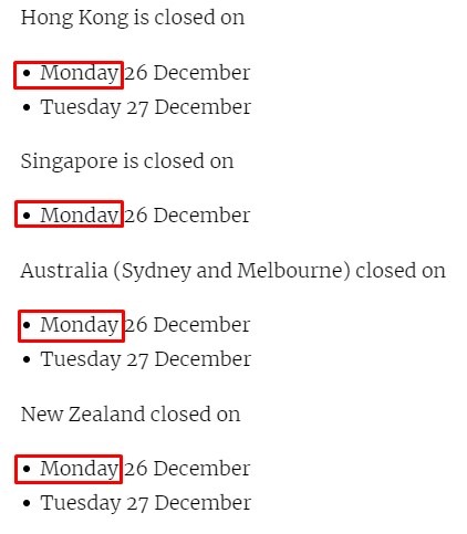 Monday, 26 December 2022 asia holidays