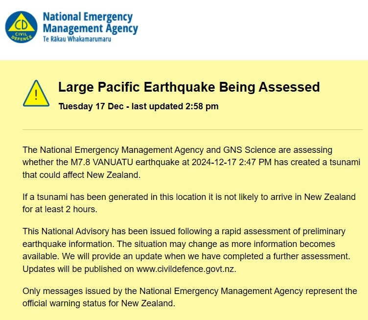 New Zealand vanuatua earthquake tsunami 17 December 2024 2