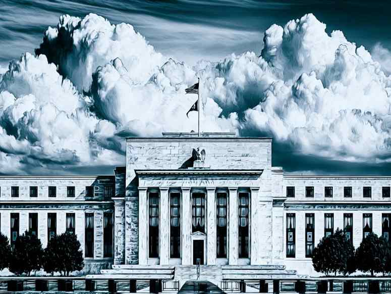 The Federal Reserve building in Washington, stylized