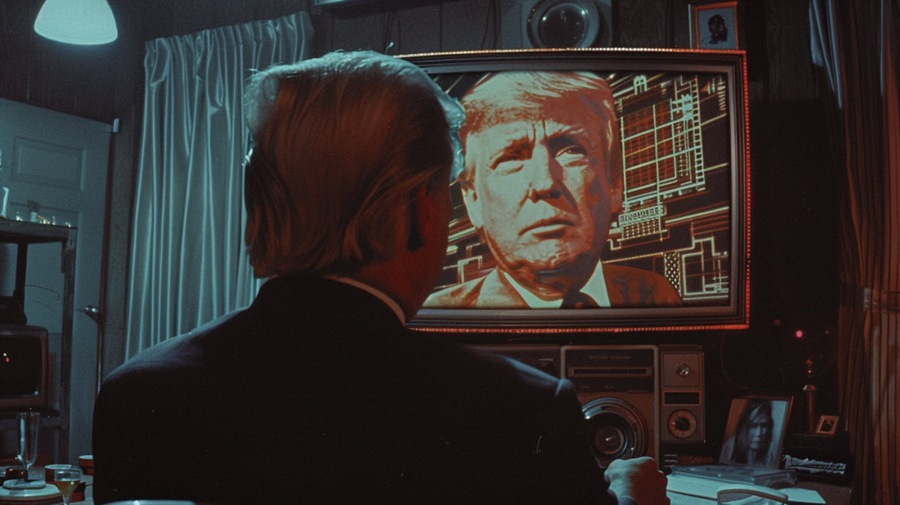 Trump watching himself on TV 50s vintage still