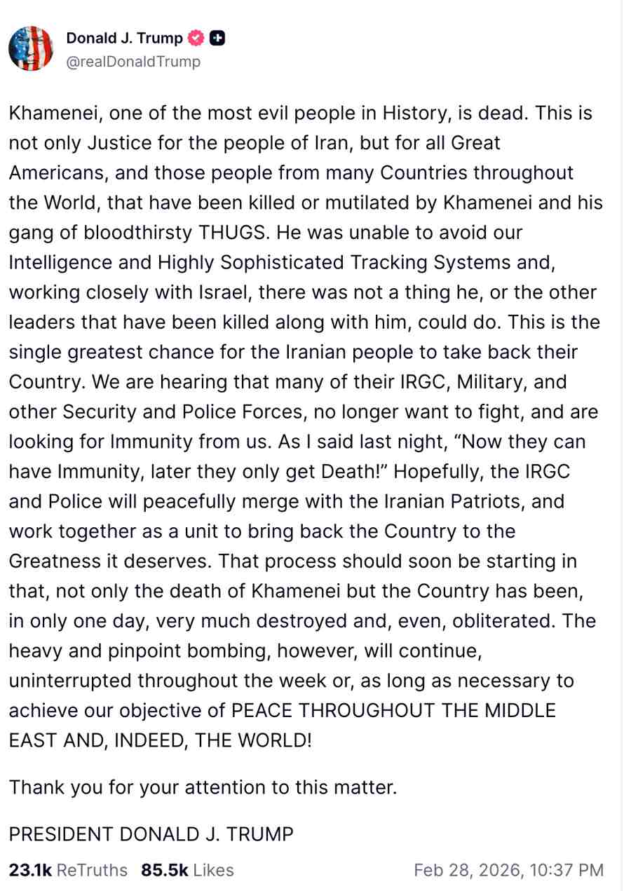 Trump’s post on Truth Social