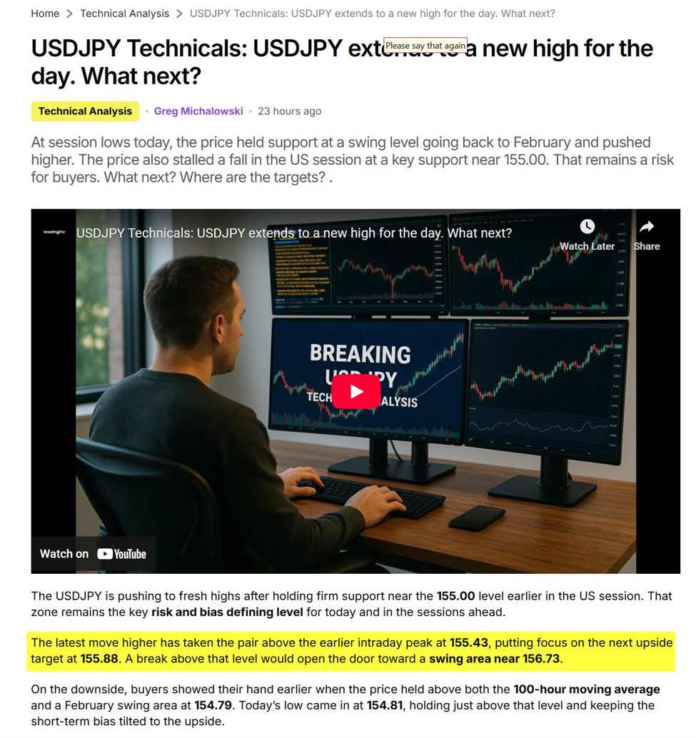 USDJPY Technical: The USDJPY has stretched to the topside target at 156.733. Key level. | investingLive