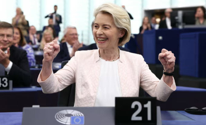 Ursula von der Leyen reacts after the news she has been re-elected