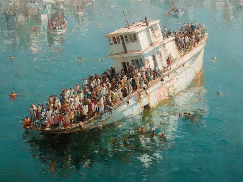a boat that is overfilled with people and tipping over