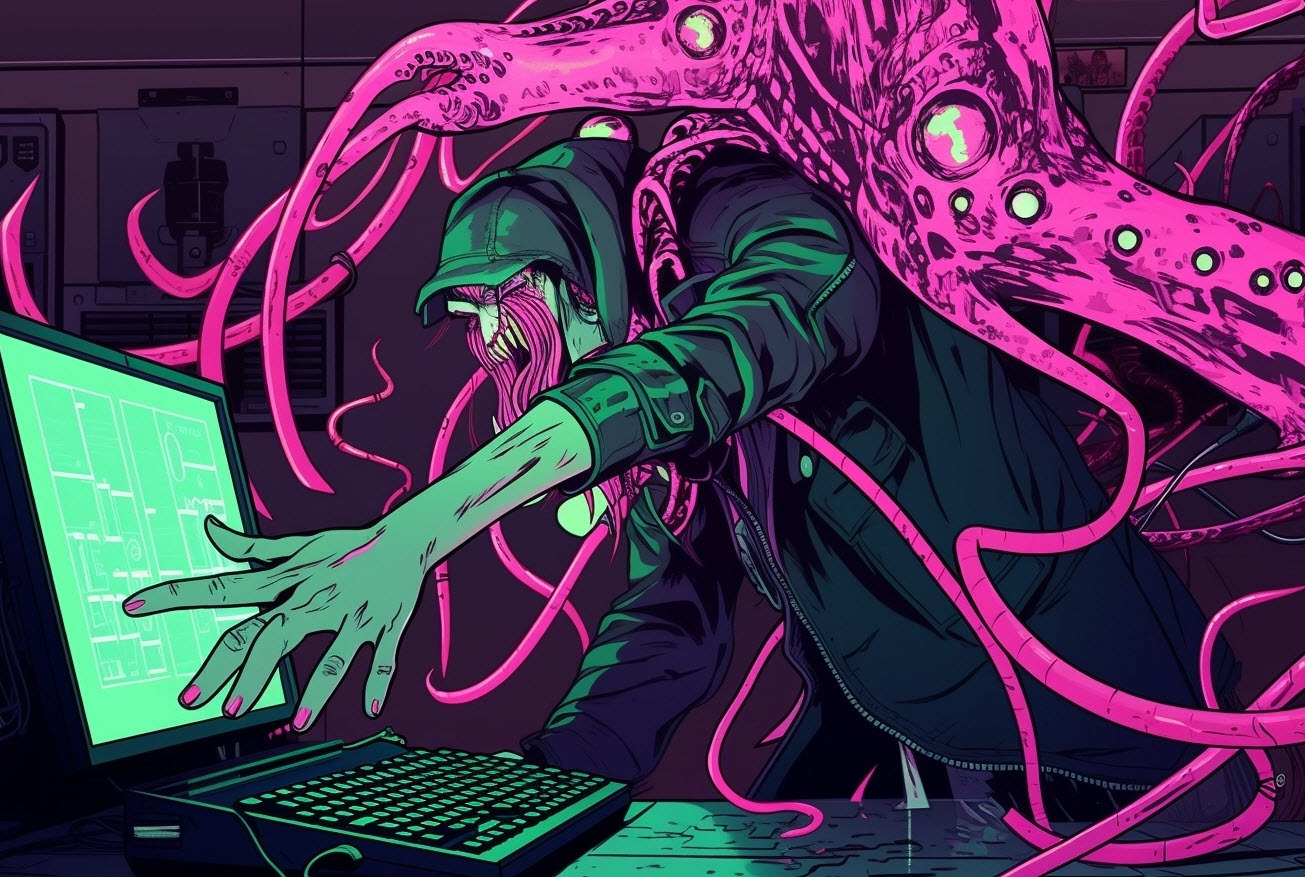 a computer grabbing a user with tentacles and pulling him in, with a cyberpunk style