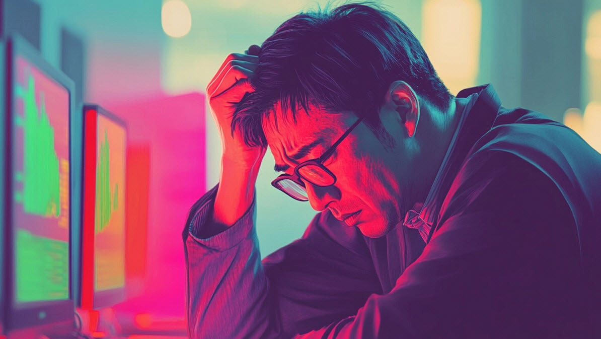 an image of a Korean forex trader behind a trading terminal feeling agony and pain