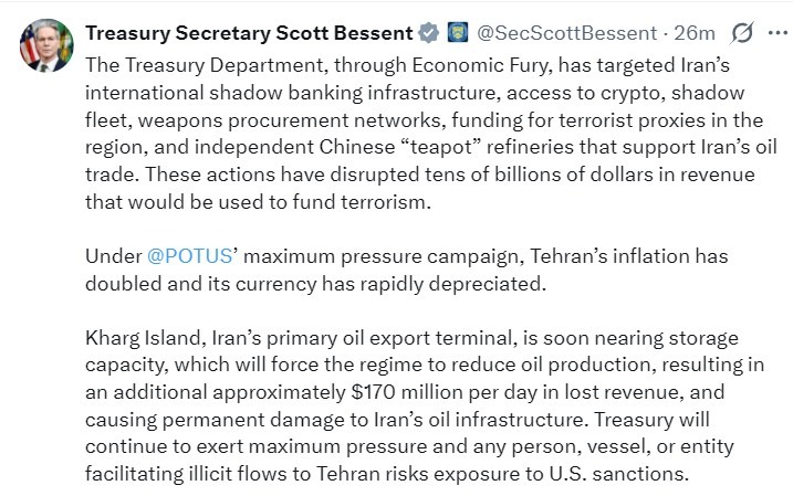 bessent iran economic fury tweet 29 April 2026