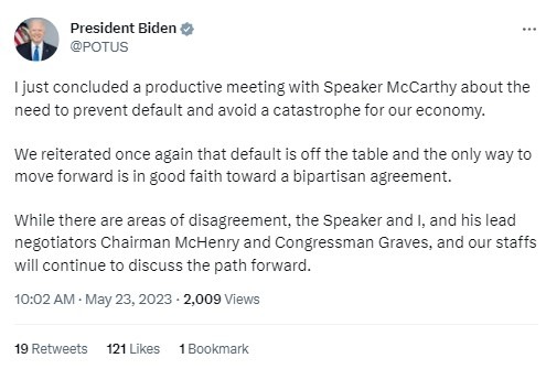 biden mccarthy tweet default 23 May 2023