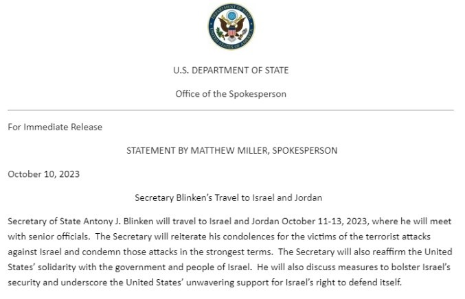 blinken israel 11 October 2023