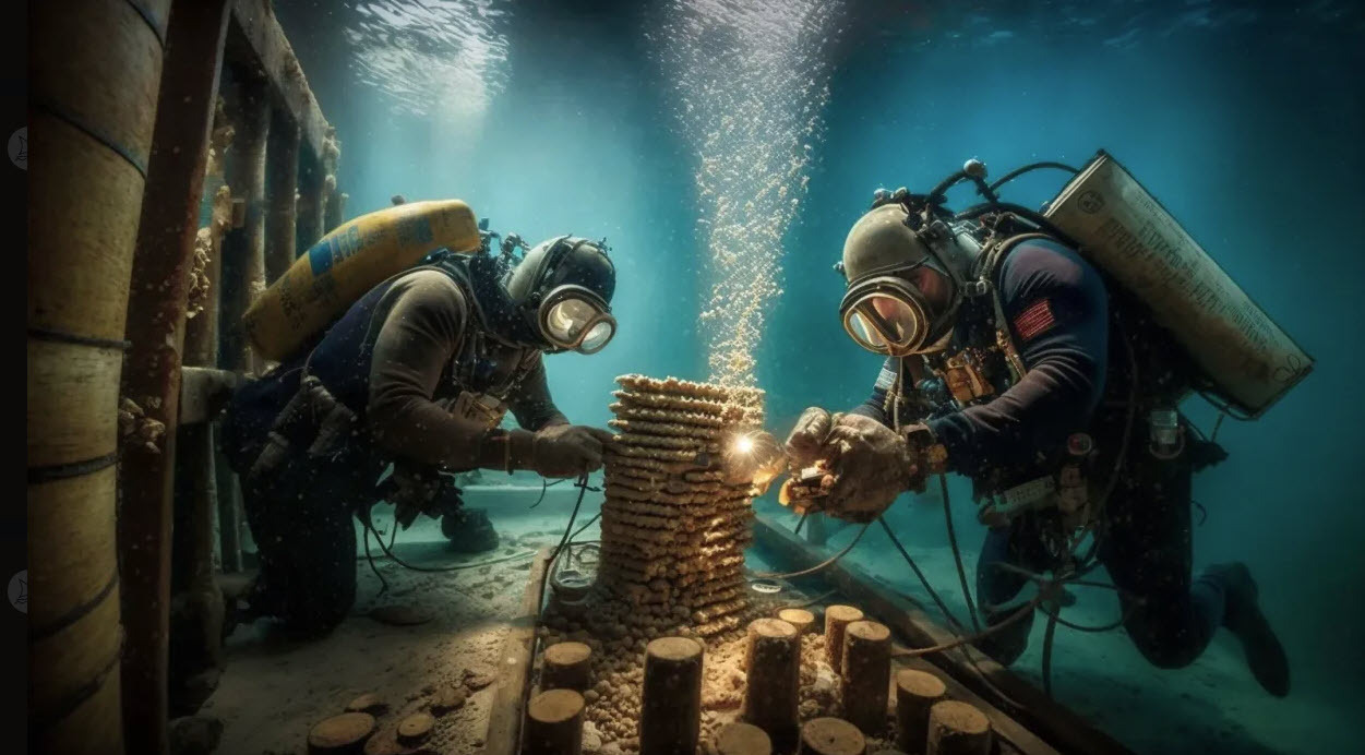 divers planting dynamite on an long pipeline made of steel