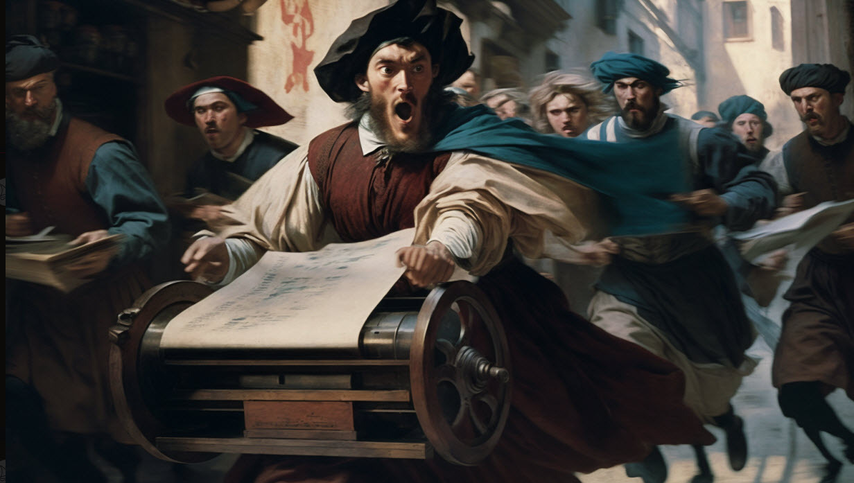 early renaissance painting of Gutenberg running away from an mob of angry monks 2