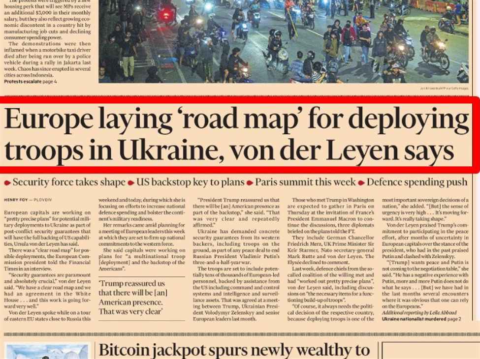 Financial Times: Europe &lsquo;pretty precise&rsquo; plan to send troops to Ukraine, von der Leyen