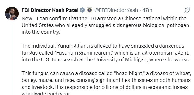 fbi tweet china terrorist 04 June 2025 2