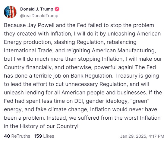 fed trump truth social media 30 January 2025 2