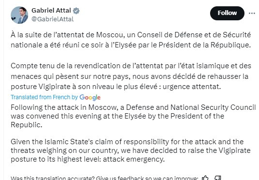 france terror alert raised 25 March 2024 tweet