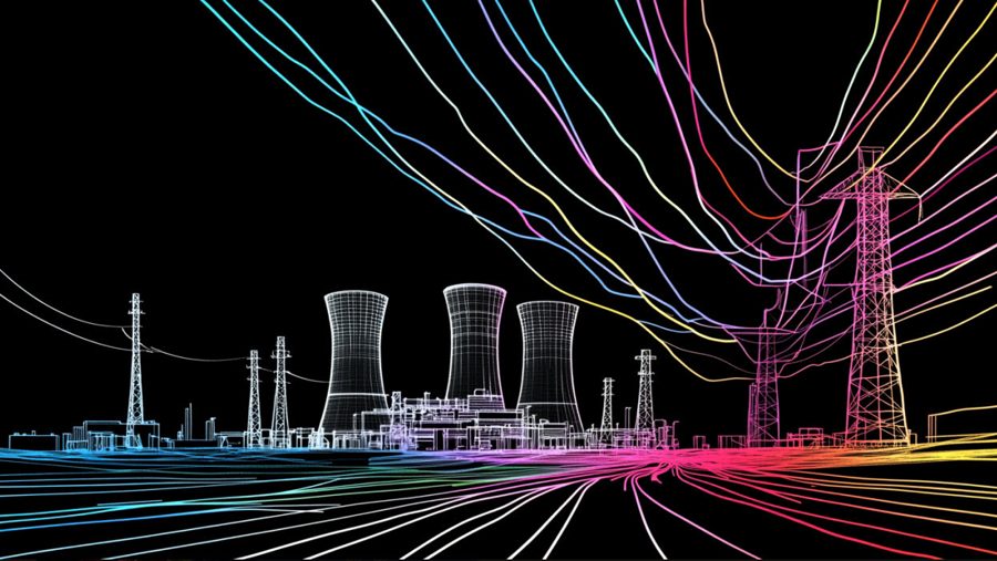 joyful drawing of a nuclear power plant and power lines, white line on black background