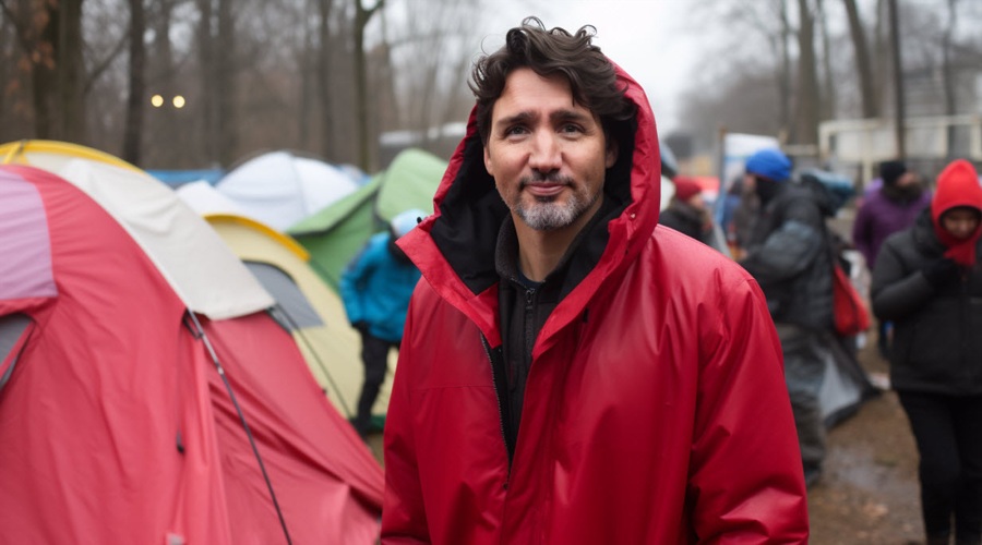 justin trudeau at a homeless encampment with tents AI image