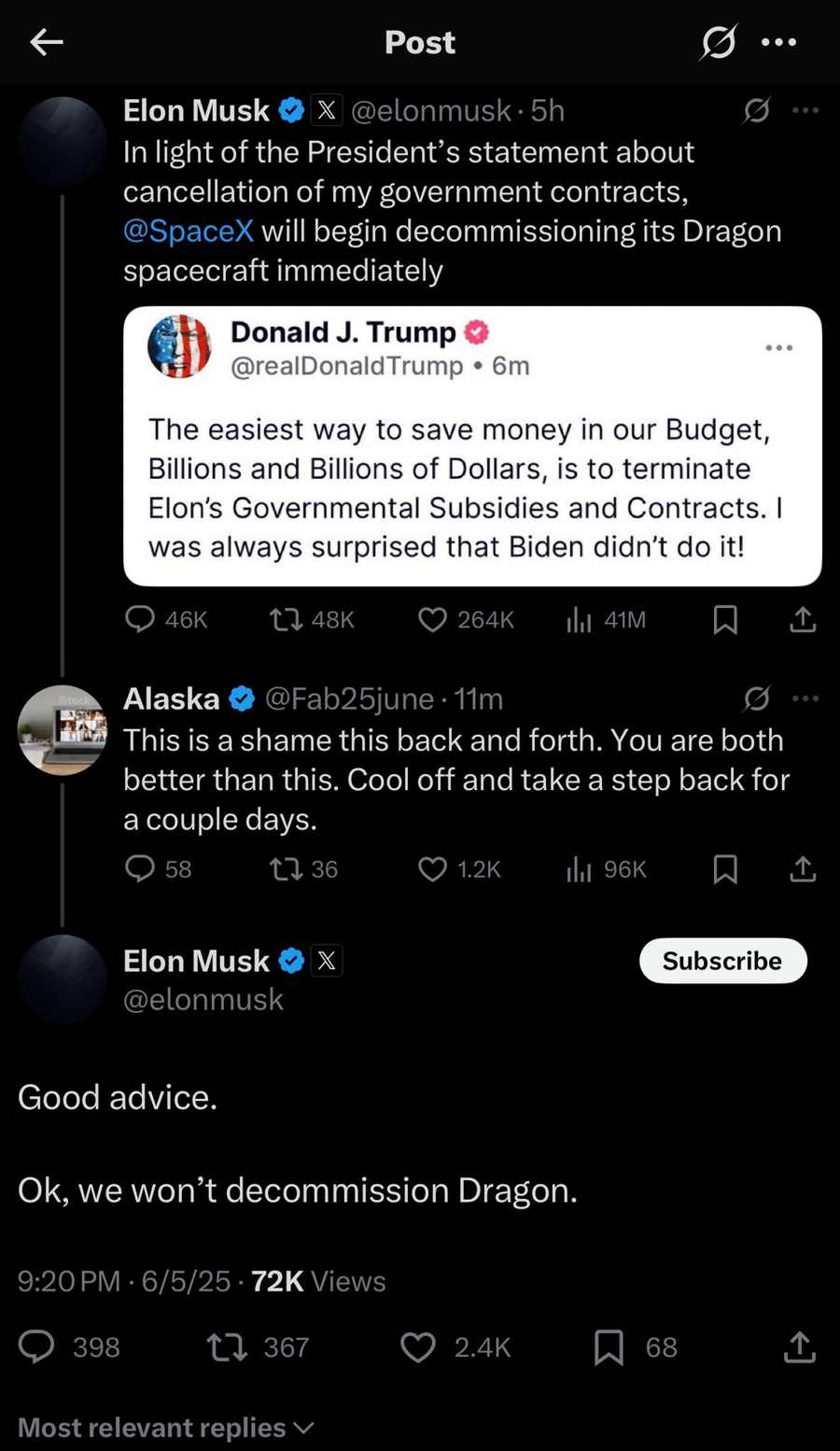 musk not decommissioning dragon 06 June 2025 2