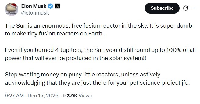 musk nuclear super dumb 15 December 2025 2