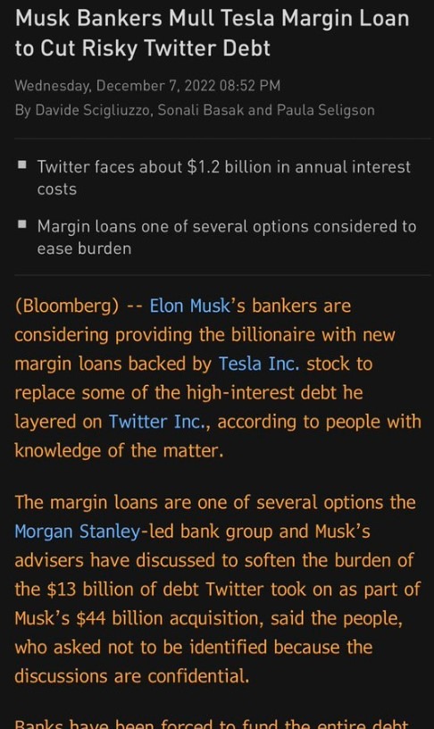 musk twitter tesla debt margin 08 December 2022