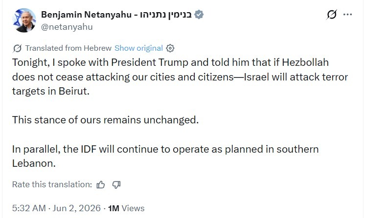 netanyahu lebanon hezbollah 02 June 2026