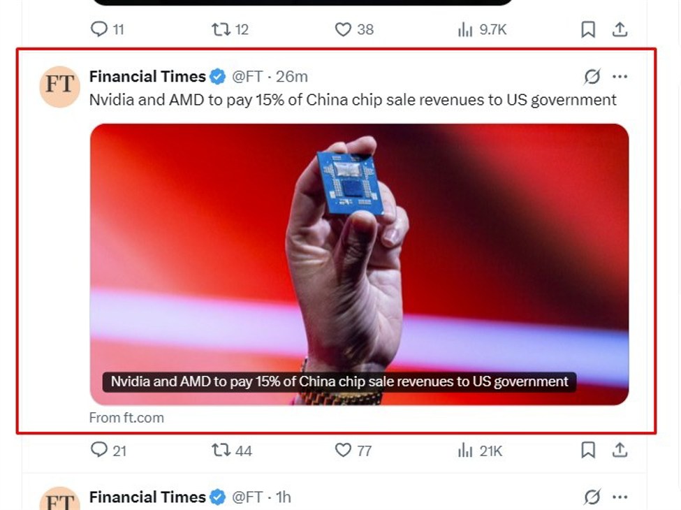 Reports that Nvidia and AMD to pay 15% of China chip sale revenues to US government