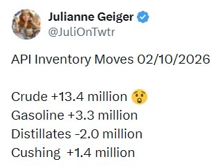 oil inventory gasoline distillate stocks 11 February 2026